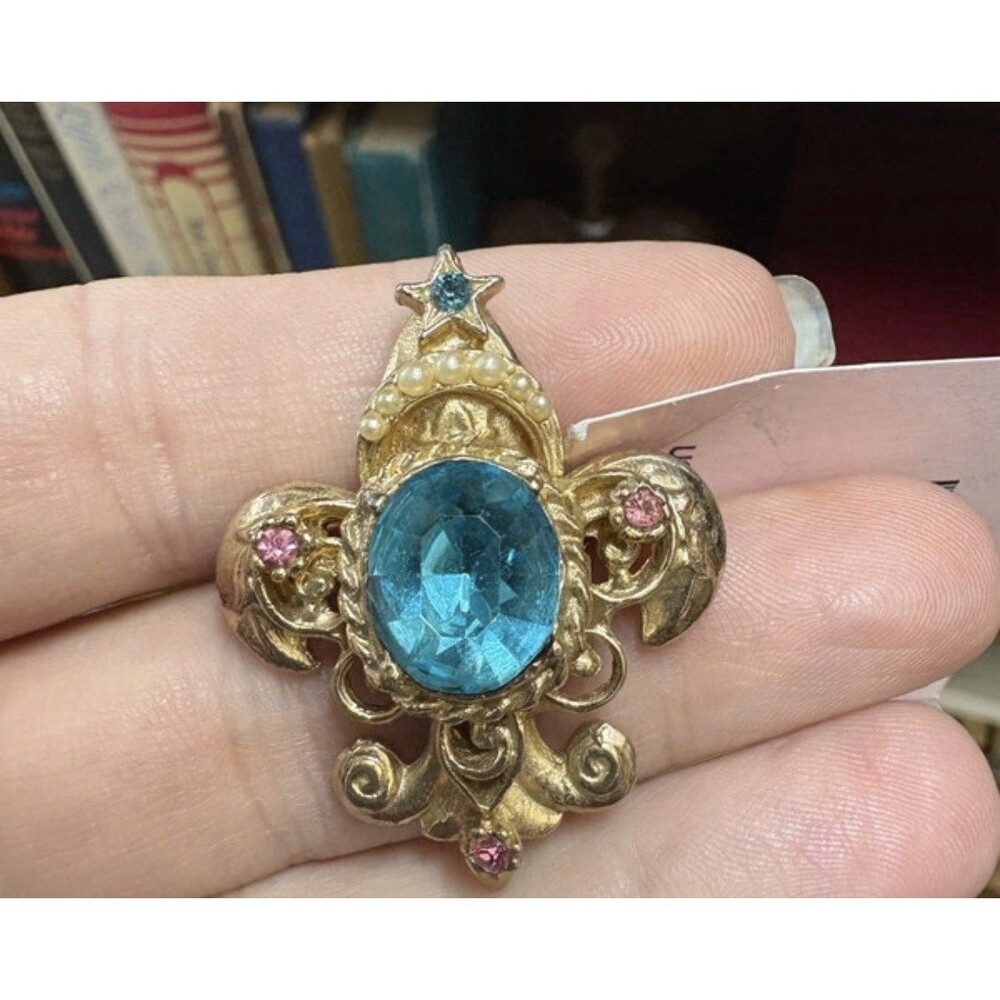 Vintage Coro Fleur de Lis Brooch AquaBlue Pink Rhinestone Faux Pearl